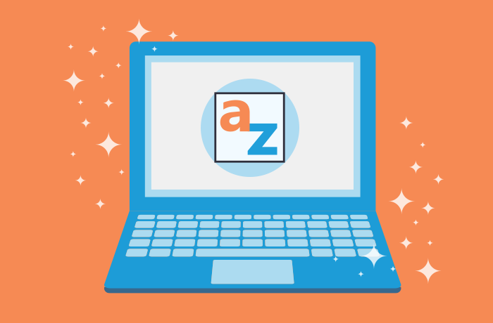蓝笔记本电脑图形文档用橙色背景读入'A-Z'