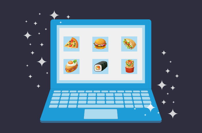 笔记本电脑图形化各种食物图片,包括比萨饼、汉堡包包、三明治、寿司和塔科