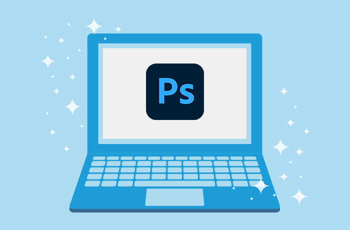 蓝笔记本电脑前面蓝背景图画屏幕上Photoshop标识