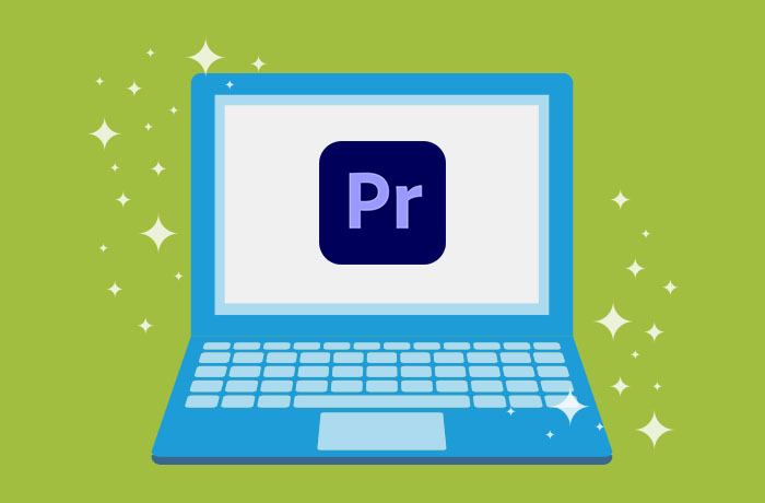 蓝笔记本电脑前绿色背景图 屏幕上AdobePrimePro标识