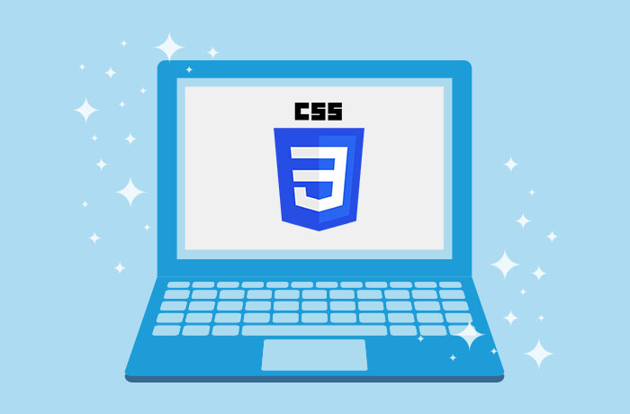 蓝笔记本电脑前方蓝背景图和屏幕上CSS标识