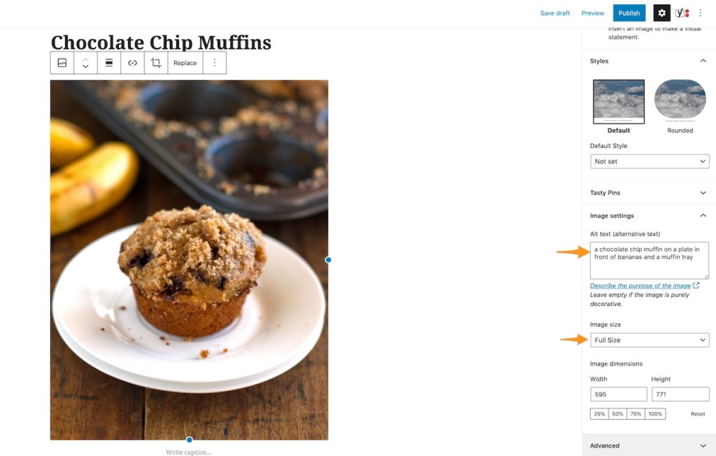 WordPress贴图松饼和指向图像设置的箭头
