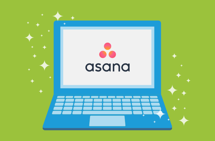 蓝笔记本电脑前绿色背景图 屏幕上有Asana标识