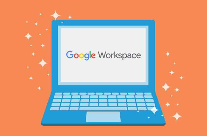 橙色背景蓝笔记本电脑图形与Google工作空间标识