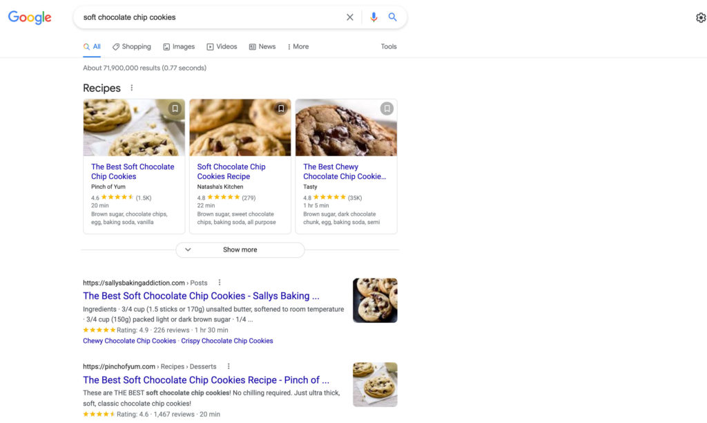 Google软巧克力芯片cookie搜索结果截图