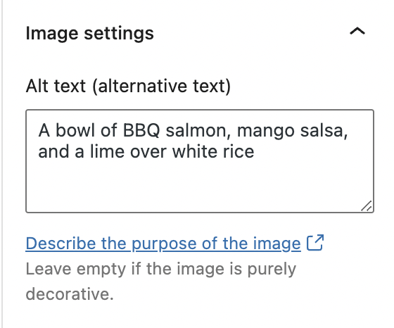 wordPressalt文本框截图表示“图像设置、alt文本、一碗BBQ三文鱼、芒果沙和白米加石灰。”