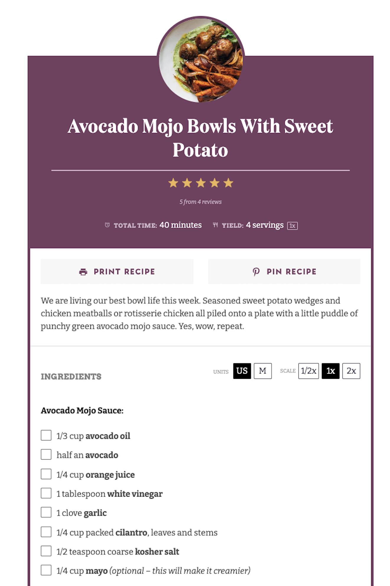 Avocado Mojo菜谱卡 和甜土豆碗