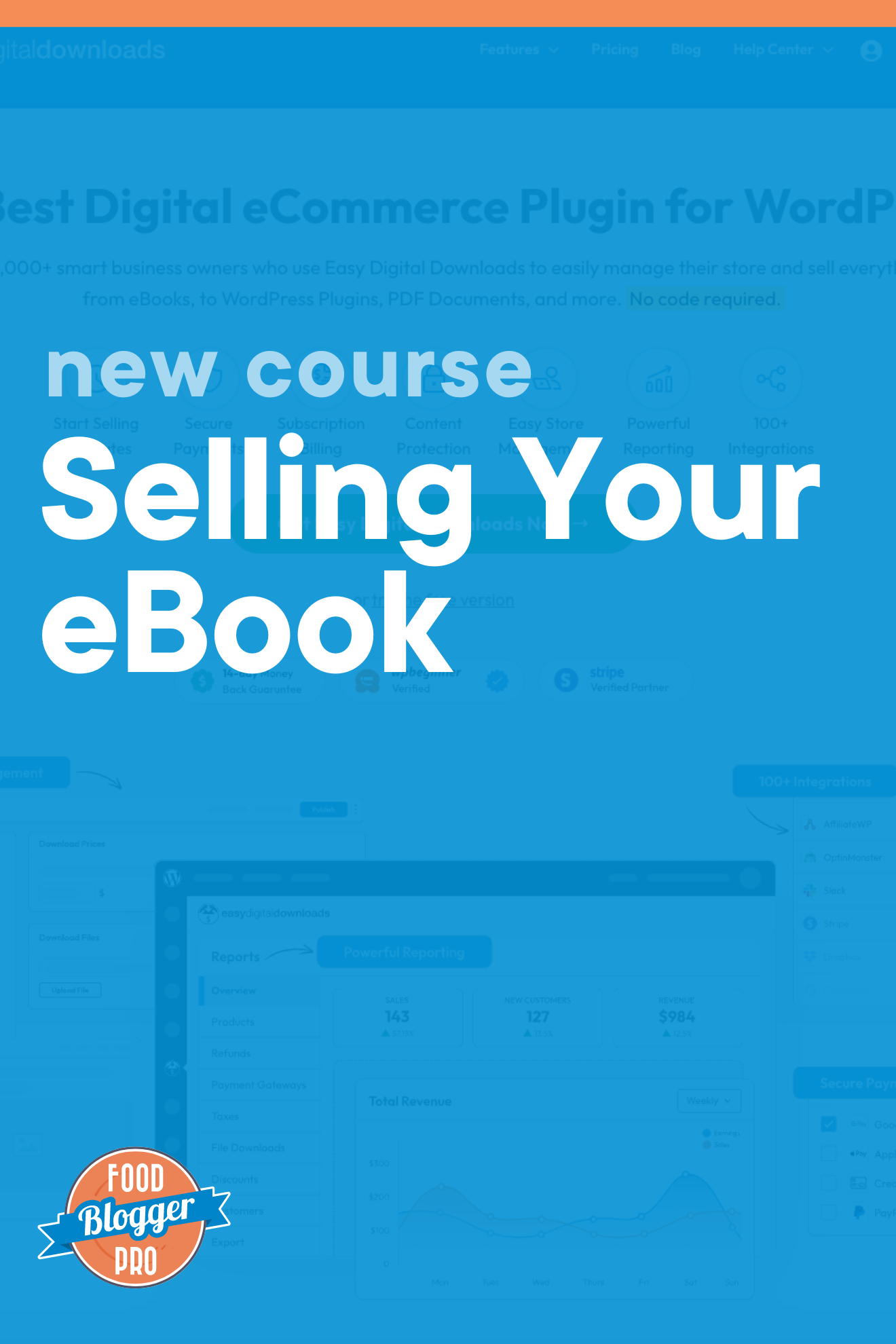 简单数字下载主页截图蓝叠加,博客文章标题, 'NewCourse:Selling your Ebook